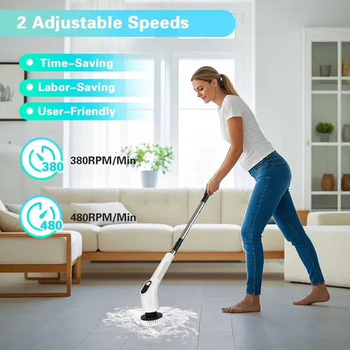Miniatura 5 de Limpiador eléctrico giratorio, cepillo de limpieza de ducha inalámbrico impermeable con cabezales de cepillo reemplazables y mango de extensión