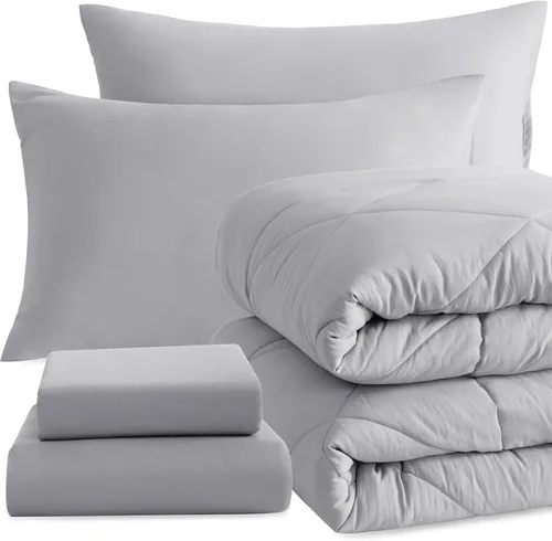NTBAY Juego de edredón Twin con sábanas, juego de ropa de cama Twin suave y transpirable de 5 piezas, cama Twin en una bolsa, juego de edredón Gris