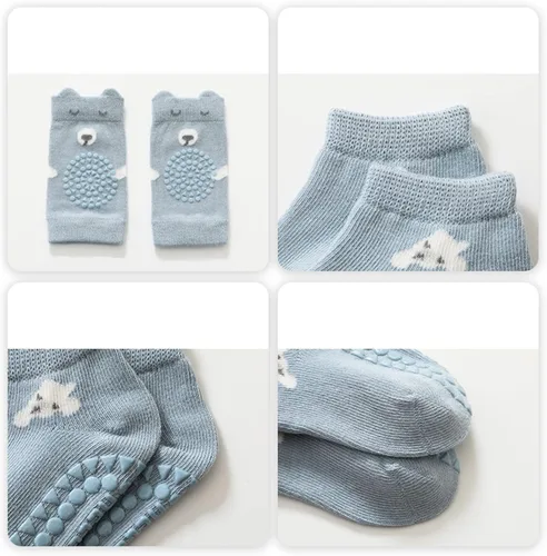 Miniatura 5 de Juego de calcetines y rodilleras para bebé, protectores de pies de algodón suave con puntos antideslizantes para aprender a caminar