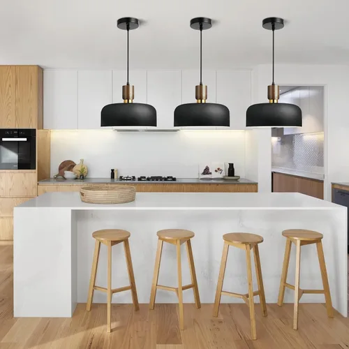 Miniatura 6 de Lámpara colgante negra moderna de 11.6 pulgadas, lámpara colgante grande para isla de cocina, madera maciza con pantalla martillada, lámpara