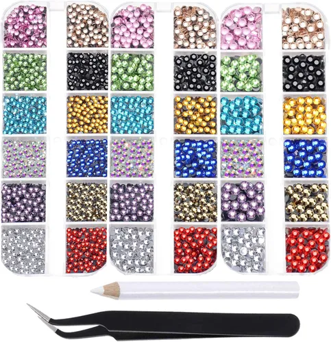 Miniatura 27 de Massive Beads Más de 9500 diamantes de imitación termoadhesivos redondos de vidrio con parte trasera plana para hacer tú mismo con 1 pinza y 1 12