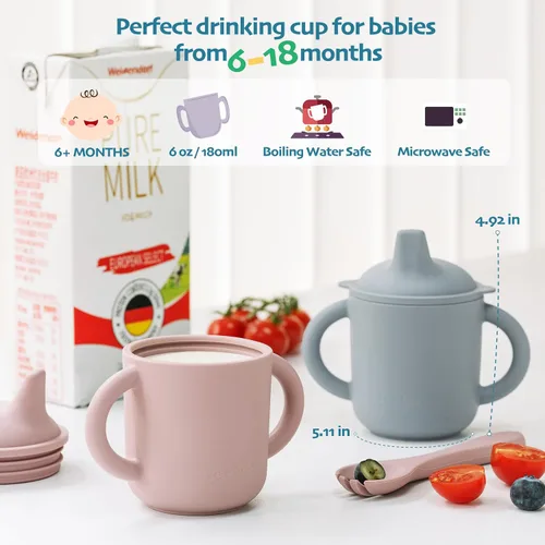 Miniatura 3 de Leeleelon® Vaso de silicona para bebés de 6 meses en adelante, 6 onzas, 100% a prueba de fugas para bebé con asas, silicona platino (azul Cambridge)