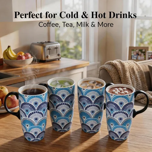 Miniatura 7 de Topadorn Taza de café de cerámica de 17 onzas con tapa y caja de regalo, taza de té de porcelana con plumas de pavo real Art Deco, apta para Azul