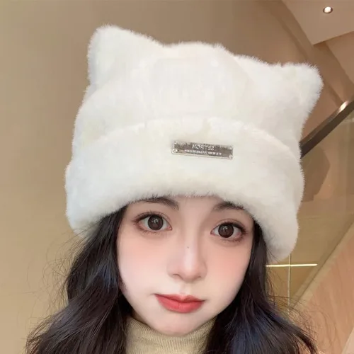 Miniatura 5 de Gorros de ganchillo con diseño de gato para mujer, lindos gorros de orejas de oso para mujer, gorros de invierno holgados con calavera Y2K