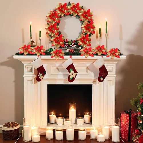 Miniatura 3 de Lyrow 60 flores de Pascua con purpurina de 6 pulgadas con clips y tallos, adornos para árbol de Navidad, flores de pascua artificiales para Navidad