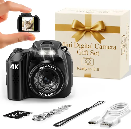 FLATIC Mini cámara con llavero – Cámara digital pequeña 4K con tarjeta de 32 GB y elegante caja de regalo, divertido dispositivo de bolsillo para