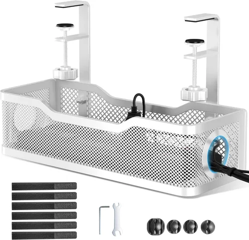 Miniatura 7 de Bandeja de organización de cables debajo del escritorio, caja de organización de cables sin taladrar con abrazadera para organización de cables