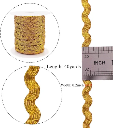 Miniatura 2 de Rick Rack - Cinta de encaje dorada de 40 yardas, ribete RIC Rac para coser ropa, envolver regalos, decoración de fiesta en el hogar Dorado