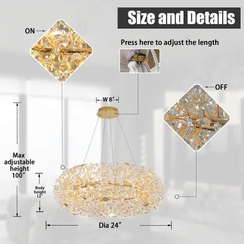 Miniatura 2 de ykolupty - Candelabro de diente de león dorado de 8 luces para comedor, lámpara colgante Sputnik con control remoto, candelabro de cristal moderno