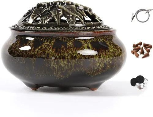 Miniatura 10 de Censer - Quemador de incienso azul cielo con soporte para varillas de incienso de calabaza - Incensario de porcelana para carbón para uso con resina