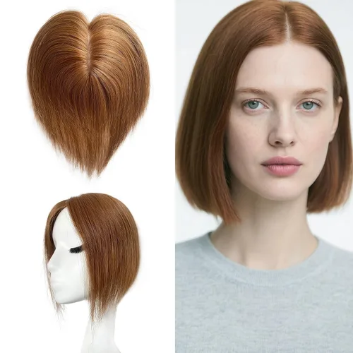 Miniatura 20 de Cubrecabello humano real de seda de 5 x 5.5 pulgadas, tamaño de la gorra, cobertura de corona de cabello lacio Remy, pieza de cabello atado a mano 2#