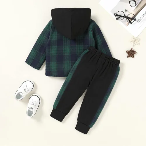 Miniatura 16 de YOUNGER TREE Conjunto de sudadera con capucha para niños pequeños, conjunto de camisa de franela a cuadros para otoño, invierno y primavera