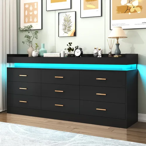 Miniatura 10 de Hlivelood Cómoda de 8 cajones con luz LED y estación de carga, cómoda moderna para armario, armario organizador de cajones anchos para dormitorio