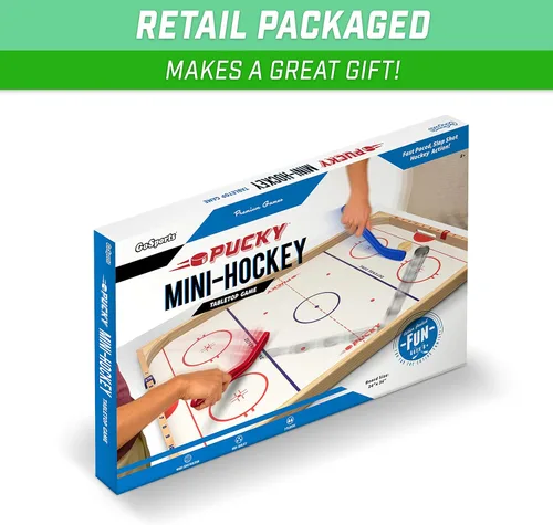 Miniatura 6 de GoSports Hockey Ice Pucky - Juego de hockey de mesa de madera para niños y adultos - Incluye 1 tablero de juego, 2 palos de hockey y 3 discos