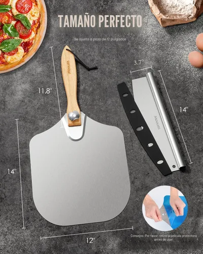Miniatura 7 de Pala de Pizza de Aluminio Espátula de Pizza, Mooues Pala de Pizza de Metal de 12 pulgadas (12"x 14") con Cortador Basculante Mango de Madera