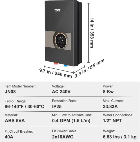 Miniatura 7 de VEVOR Calentador de Agua Eléctrico Sin Depósito, Calentador de Agua Caliente Instantáneo de 8KW, Pantalla Digital de Temperatura y Fácil Instalación