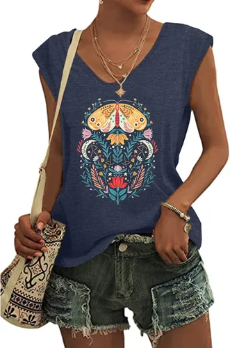Miniatura 7 de Anbech Camisetas de manga casquillo para mujer, con cuello en V, estampado sólido, camisetas casuales