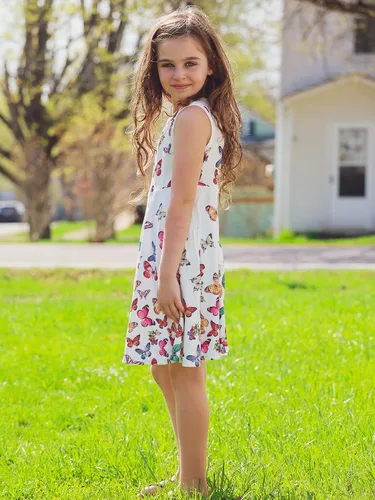 Miniatura 4 de Vestidos de verano para niñas, sin mangas, con bolsillo, vestido de sirena de mariposa, vestido casual de verano para niñas de 3 a 12 años
