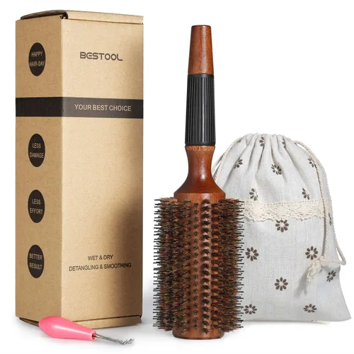 Miniatura 8 de BESTOOL Cepillo redondo para secar, cepillo de pelo de cerdas de jabalí, cepillo grande de estilo redondo para mujeres y hombres, alisar, rizar