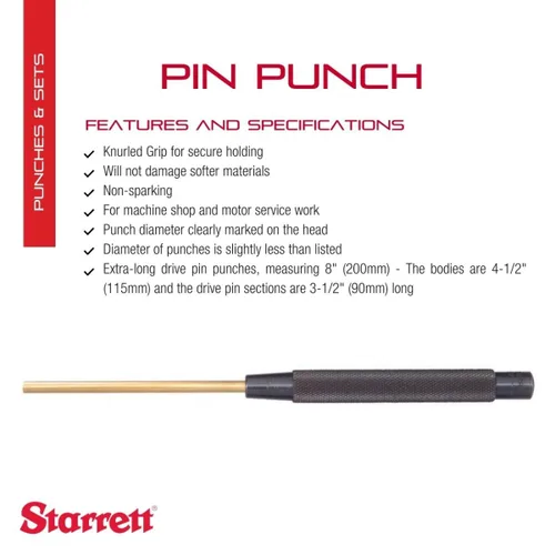 Miniatura 2 de Starrett Punzón de latón extra largo con agarre moleteado para introducir pasadores dentro o fuera de una pieza de trabajo, materiales más suaves