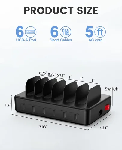 Miniatura 7 de CREATIVE DESIGN Estación de carga múltiple de 50 W y 6 puertos con 6 cables de carga, base de carga USB para múltiples dispositivos, compatible
