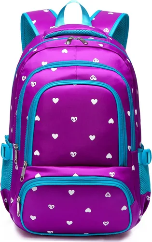 Mochila infantil moderna, para los libros de los estudiantes de escuela primaria, de 17 pulgadas, con estampado de corazón en nailon (color morado y