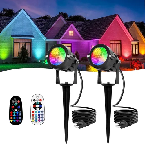 RGBW - Foco multicolor para exteriores: 16 luces de paisaje que cambian de color con control remoto de 120 V enchufable, luz LED impermeable para