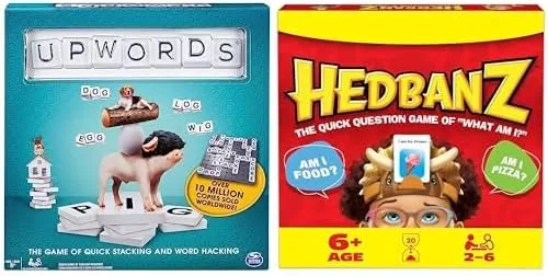 Spin Master Games Paquete: Juego de palabras clásico Upwords (1-4 jugadores, a partir de 8 años) y juego de adivinanzas de imágenes Hedbanz Edición