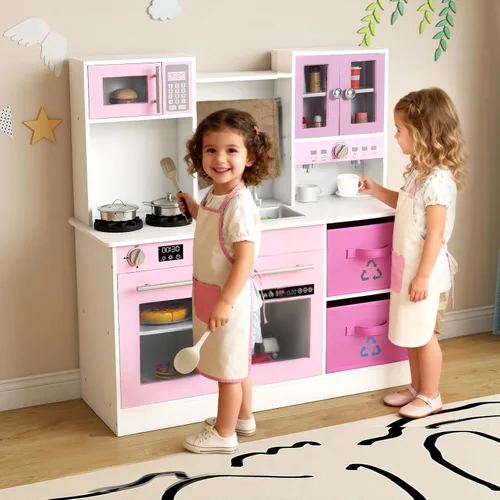 Miniatura 2 de INFANS Juego de cocina para niños, cocina de madera con luces realistas, sonidos, cafetera, lavavajillas, microondas, horno, cajones de tela Rosa