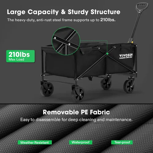 Miniatura 2 de VIVOSUN Carro Plegable, Utilidad Exterior con Ruedas Todo Terreno, Mango Ajustable, Portavasos y Bolsillos Laterales, para Acampar, Compras, Jardín