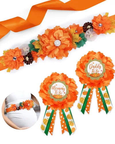 Vansolinne Juego de fajas de maternidad de calabaza de otoño, ramillete de baby shower, banda y alfileres de calabaza, revelación de género,