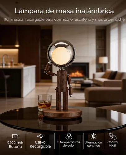 Miniatura 2 de Lámpara de mesa inalámbrica, lámpara de mesa de madera recargable con control táctil y brillo ajustable, lámpara de noche decorativa inalámbrica