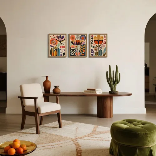 Miniatura 2 de Juego de 3 pinturas artísticas abstractas de flores escandinavas enmarcadas para decoración de pared, arte botánico moderno de mediados de siglo