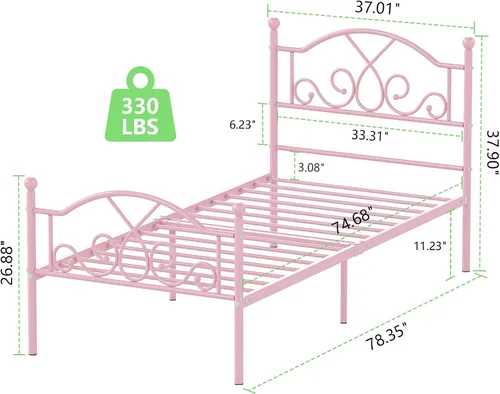 Miniatura 7 de Weehom Marco de cama individual, marcos de cama de metal modernos de tamaño individual para niños y niñas, no necesita somier, base de cama Rosa
