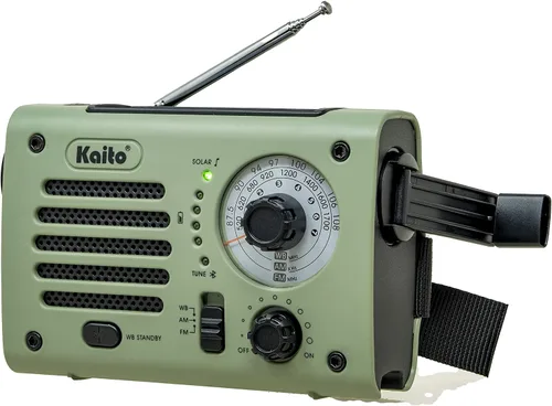 Kaito KA380 Radio de emergencia y altavoz Bluetooth portátil - Radio meteorológica AM/FM NOAA recargable con panel solar y manivela verde militar