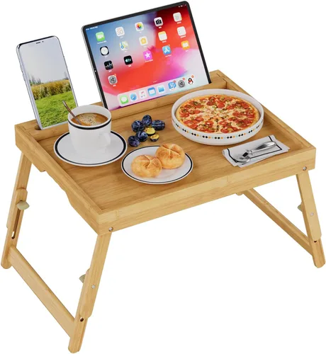 Miniatura 12 de Bandeja para la cama con asas y patas plegables, bandeja de desayuno de bambú con ranura para medios, uso como plato, escritorio para laptop, Negro