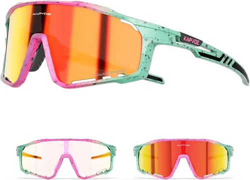 KAPVOE Gafas de ciclismo fotocromáticas para hombres y mujeres, gafas de sol deportivas, marco de decoloración HD, gafas de bicicleta K76 Verde Rojo