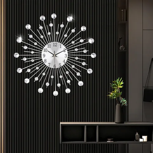 Miniatura 5 de Reloj de pared grande para decoración de sala de estar, sin tictac, silencioso, de metal, reloj de cuarzo, esfera moderna, con diamantes grandes