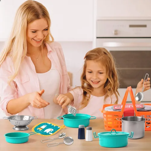 Miniatura 3 de Juego de accesorios de juguete de cocina para niños pequeños, juego de cocina para niñas y niños, incluye ollas y sartenes coloridas (verde)