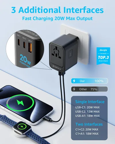 Miniatura 3 de Adaptador de viaje universal, adaptador de enchufe de viaje internacional con 2 puertos USB-C (PD 20 W) y 1 puerto USB-A, adaptador portátil todo