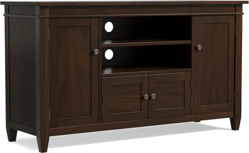 SIMPLIHOME Carlton - Soporte para TV, consola multimedia de madera maciza de 54 pulgadas de ancho en marrón tabaco oscuro, centro de entretenimiento