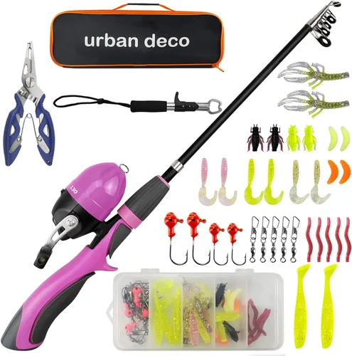 Urban Deco Juego de caña de pescar para niños, portátil, telescópica, caña, carrete y kit combinado con caja de aparejos para principiantes, niños,
