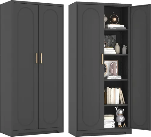 Miniatura 26 de Armario de almacenamiento de metal de 71 pulgadas de alto, armarios de almacenamiento de despensa de cocina con puertas y 4 estantes, armario