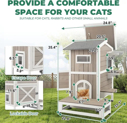 Miniatura 2 de Casa para gatos al aire libre resistente a la intemperie, casa de madera para gatos de dos pisos con techo que se puede abrir, 4 puertas, balcón