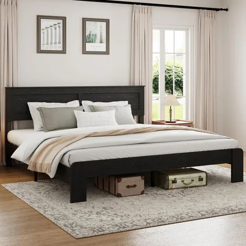 Miniatura 10 de Base de cama completa de madera con cabecera, base de cama de plataforma rústica de granja con soporte de 12 listones de madera, no necesita somier