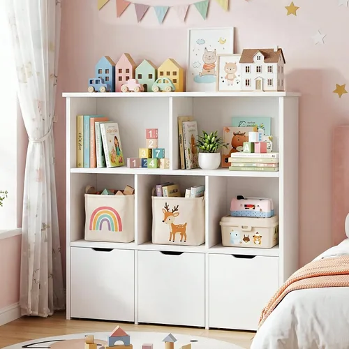 Miniatura 8 de Teckid Organizador de almacenamiento de juguetes con 3 cajones móviles y 5 cubos abiertos, estantería para niños y armario de almacenamiento