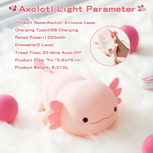 Miniatura 7 de FAMIDUO Lámpara de ajolote, bonita luz nocturna de ajolote, luz nocturna de silicona regulable para guardería, adorable lámpara táctil recargable
