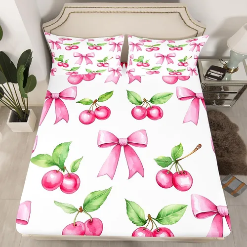 Miniatura 48 de Sábana bajera con lazo azul tamaño individual, juego de ropa de cama de princesa con cerezas, estrellas y flores margaritas de dibujos animados