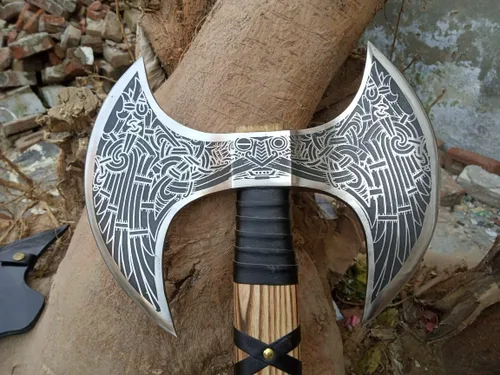 Miniatura 6 de Hacha vikinga de doble cabeza forjada a mano – Hacha de batalla de acero al carbono Odin de 27 pulgadas con mango de madera envuelto en cuero