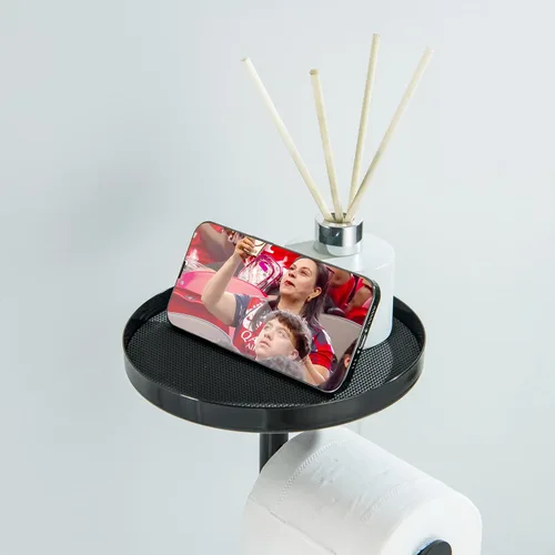 Miniatura 3 de Soporte de papel higiénico para el suelo del baño, altura ajustable y pesado, almacena 4 rollos de reserva, con estante superior de almacenamiento